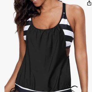 Tankini Swim Top Black/White Stripes Sz L
